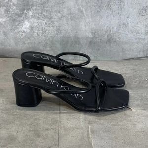 Calvin Klein Women's Black Beccy Square-Toe 2-Strap Block-Heel Sandals SZ 5.5